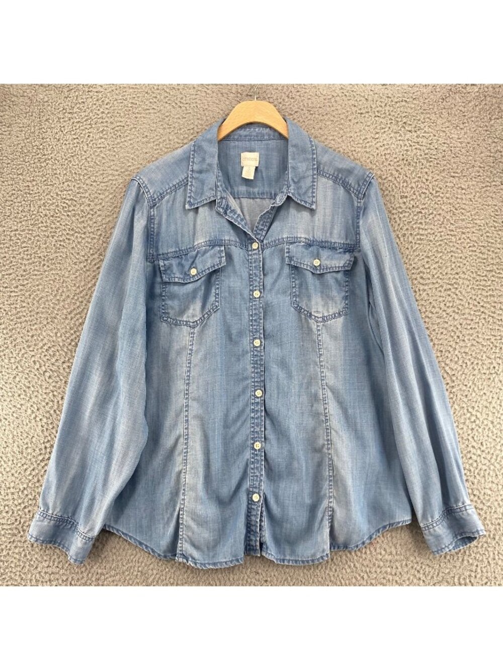 Chicos Shirt Womens 3 US Extra Large Blue Chambray Button Up Long Sleeve Collar